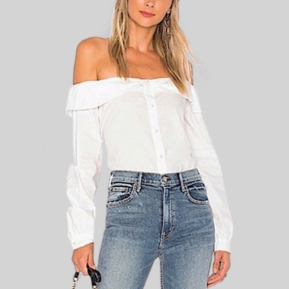 L'Academie X Revolve Off Shoulder Ruffled Button Up Shirt Cutout Tie Back White - Picture 1 of 11